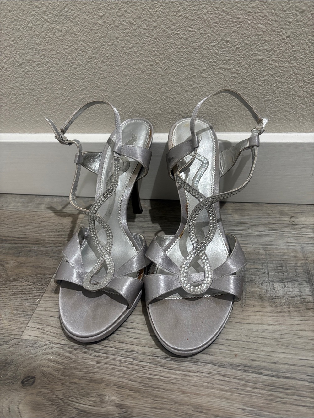 Nina Silver Satin Rhinestone Dress Heels